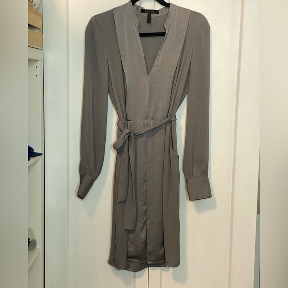 BCBGMaxAzria Charlene Gray Long Sleeve Dress - VNeck - XS - Satin feel - pockets - Picture 2 of 10